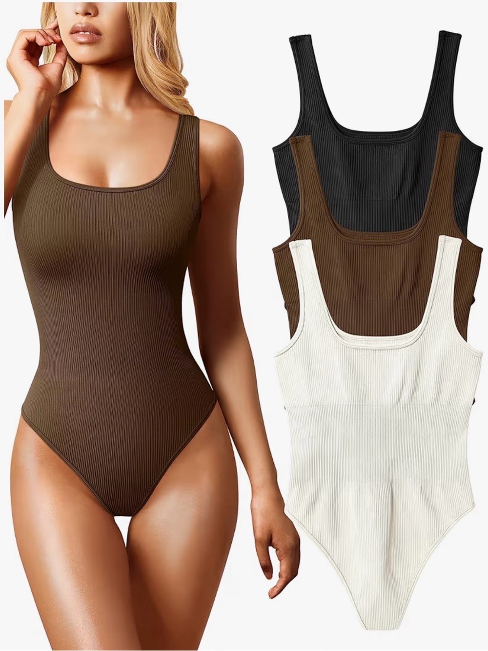 OQQ Ribbed Seamless Bodysuit Bundle Neutral Colors XL – 3 Piece Set